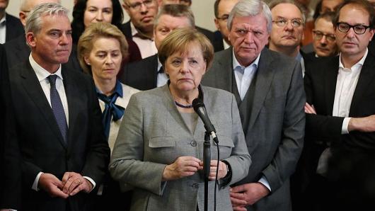 German Chancellor Angela Merkel speaks to the media after preliminary coalition talks collapsed on November 19, 2017 in Berlin, Germany.