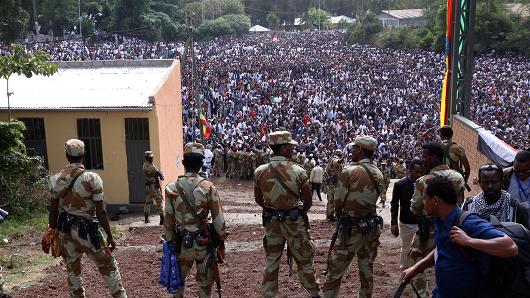 Security measures are taken as the Oromo people protest against government during the Irreecha holiday in Addis Ababa, Ethiopia, on October 2, 2016.
