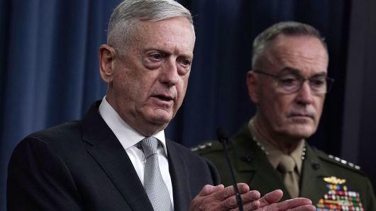 Defense Secretary Jim Mattis (L) and Chairman of the Joint Chiefs of Staff Gen. Joseph Dunford (R) brief members of the media on Syria at the Pentagon April 13, 2018 in Arlington, Virginia.