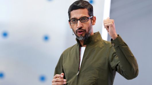 Google CEO Sundar Pichai speaks on stage during the annual Google I/O developers conference in Mountain View, California, May 8, 2018.