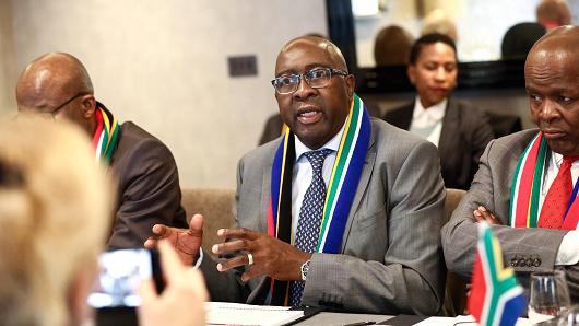 South Africa's Minister of Finance Nhlanhla Nene speaks to reporters at an investor event in London, U.K., on March 13, 2018.