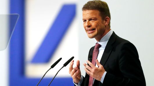 Christian Sewing, CEO of Germany's Deutsche Bank, addresses the audience during the bank's annual meeting in Frankfurt, Germany, May 24, 2018.