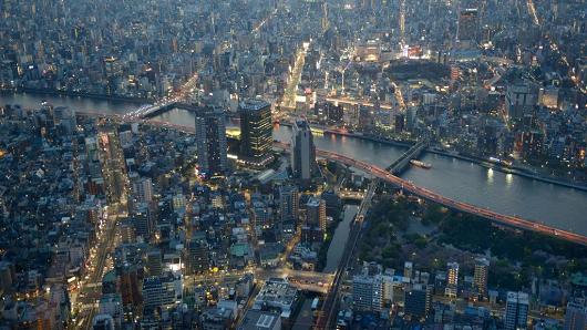 Aerial view of Tokyo from the Skytree Tower, a broadcasting, restaurant, and observation tower in Sumida, Tokyo on March 17, 2015.