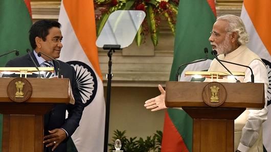 Indian Prime Minister Narendra Modi and Maldives Abdulla Yameen at Hyderabad House on April 11, 2016, in New Delhi, India.