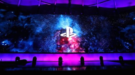 Sony Playstation logos are displayed during the Sony Playstation E3 conference at LA Center Studios on June 11, 2018 in Los Angeles, California.