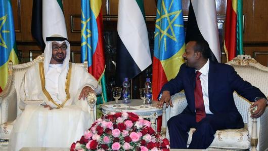 Crown Prince of Abu Dhabi Mohammed bin Zayed Al Nahyan (L) meets Ethiopian Prime Minister Abiy Ahmed (R) at National Palace in Addis Ababa, Ethiopia on June 15, 2018.