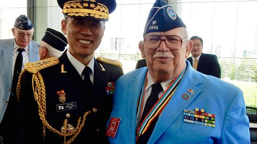 Tim Whitmore, who served as a U.S. Air Force medic in Korea in 1954, alongside South Korean Major General Kyoung Soo Shin in May 2016 at the Virginia War Memorial in Richmond, VA. Of General Shin, Whitmore said, "He is a great friend of the KWVA and a staunch patriot. I am honored to be his friend."