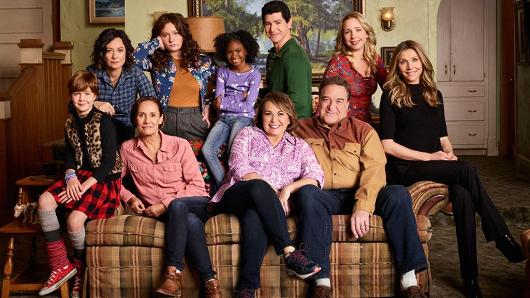 ABC's 'Roseanne' stars Ames McNamara, Sara Gilbert, Laurie Metcalf, Emma Kenney, Jayden Rey, Roseanne Barr, Michael Fishman, John Goodman, Lecy Goranson, and Sarah Chalke.