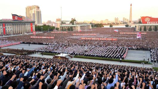 Tens of thousands of Pyongyang residents gathered in the capital's Kim Il-Sung Square on September 23 2017 to laud leader Kim Jong-Un's denunciation of US President Donald Trump.