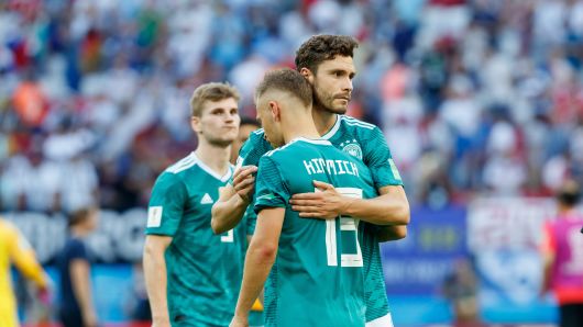 Joshua Kimmich and Jonas Hector of Germany look dejected after the 2018 FIFA World Cup Russia match between Korea and Germany at Kazan Arena on June 27, 2018 in Kazan, Russia.