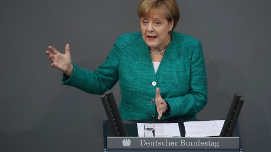 German Chancellor Angela Merkel gives a government declaration at the Bundestag ahead of the upcoming E.U. and NATO summits on June 28, 2018 in Berlin, Germany.