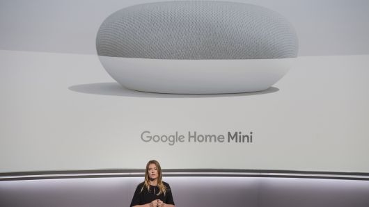 Isabelle Olsson, senior industrial designer for Google Inc., speaks about the Google Home Mini voice speaker during a product launch event in San Francisco, California, U.S., on Wednesday, Oct. 4, 2017. 
