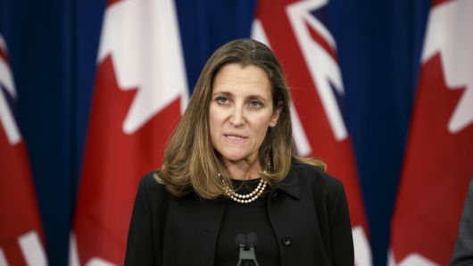 Chrystia Freeland, Canada's minister of foreign affairs, speaks during a briefing on North American Free Trade Agreement (NAFTA) negotiations in Toronto, Ontario, Canada, on Thursday, June 14, 2018. After a particularly tense week for Canada-U.S. relations, Chrystia Freeland said North American Free Trade Agreement negotiations will continue. Photographer: 