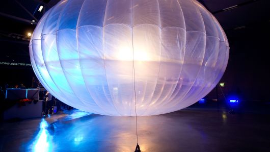 A high altitude WiFi internet hub Google Project Loon balloon is displayed at the Airforce Museum in Christchurch on June 16, 2013. Google revealed top-secret plans on June 15 to send balloons to the edge of space with the lofty aim of bringing Internet to the two-thirds of the global population currently without web access.