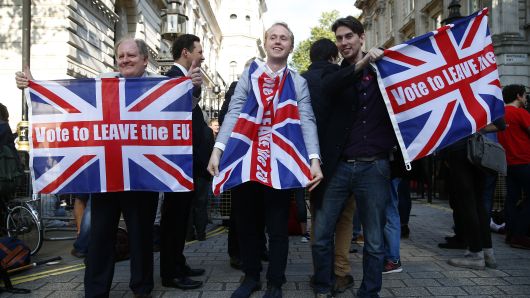 Vote leave supporters wave Union flags, following the result of the EU referendum, outside Downing Street in London, Britain June 24, 2016.