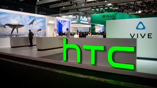 A view of the HTC company logo on their stand during the Mobile World Congress on March 1, 2017 in Barcelona, Spain.
