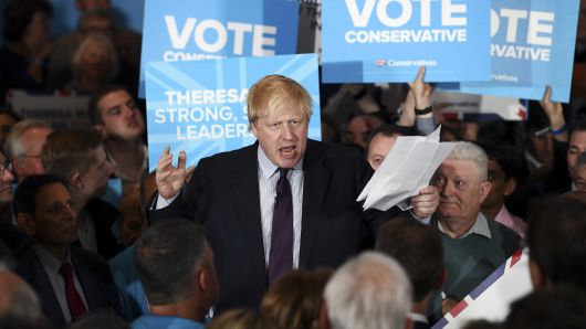 British Foreign Secretary Boris Johnson speaks ahead of Prime Minister Theresa May during her last campaign visit at the National Conference Centre on June 7, 2017 in Solihull, United Kingdom.
