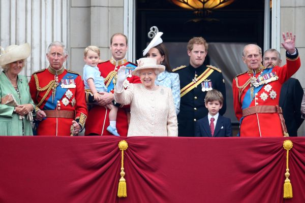 (L-R) Camilla, Duchess of Cornwall, Prince Charles, Prince of Wales, Prince George of Cambridge, Prince William, Duke of Cambridge, Catherine, Duchess of Cambridge, Queen Elizabeth II, Prince Harry and Prince Philip, Duke of Edinburgh (R) watch the fly-past from the balcony of Buckingham Palace following the Trooping The Colour ceremony on June 13, 2015 in London, England.