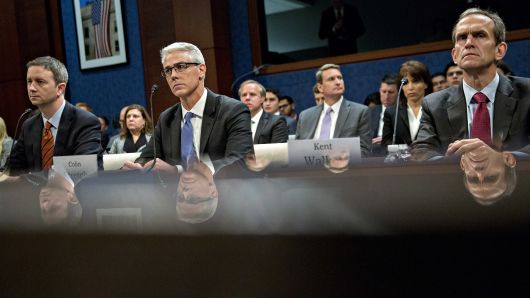 Kent Walker, vice president and general counsel with Google Inc., from right, Colin Stretch, general counsel with Facebook Inc., and Sean Edgett, acting general counsel with Twitter Inc., listen during a House Intelligence Committee hearing in Washington, D.C., U.S., on Wednesday, Nov. 1, 2017.