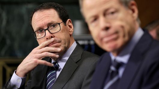 Chief Executive Officer of AT&T Randall Stephenson (L) and Chairman and Chief Executive Officer of Time Warner Jeffrey Bewkes listen to testimony before the Senate Judiciary Committee Antitrust Subcommittee hearing on the proposed deal between AT&T and Time Warner in Washington, U.S., December 7, 2016.