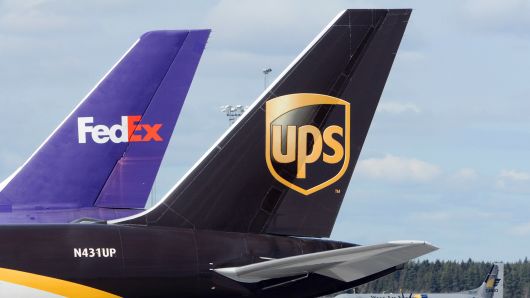Cargo aircrafts from UPS, FedEx and West Air Europe are parked at Cargo City at Arlanda airport in Stockholm.
