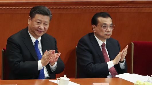 Chinese President Xi Jinping and Chinese Premier Li Keqiang at The Great Hall of People on March 3, 2018 in Beijing, China.