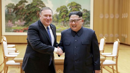North Korean leader Kim Jong Un shakes hands with U.S. Secretary of State Mike Pompeo in this May 9, 2018 photo released on May 10, 2018 by North Korea's Korean Central News Agency (KCNA) in Pyongyang.