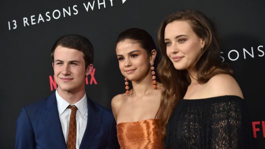 (L-R) Actors Dylan Minnette, Selena Gomez and Katherine Langford arrive at the Premiere of Netflix's '13 Reasons Why' at Paramount Pictures on March 30, 2017 in Los Angeles, California. 