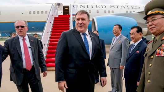 Secretary of State Mike Pompeo arrives at Sunan International Airport in Pyongyang, North Korea on July 6th, 2018.