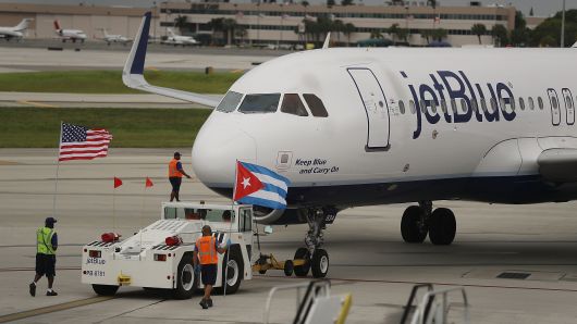 JetBlue Flight 387 pushes back from the gate as it prepares for take off to become the first scheduled commercial flight to Cuba since 1961 on August 31, 2016 in Fort Lauderdale, Florida. 