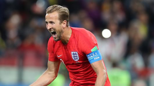 MOSCOW, RUSSIA - JULY 03: Harry Kane of England  celebrates as he scores the goal 0:1 during the 2018 FIFA World Cup Russia Round of 16 match between Colombia and England at Spartak Stadium on July 3, 2018 in Moscow, Russia. (Photo by Stefan Matzke - sampics/Corbis via Getty Images)