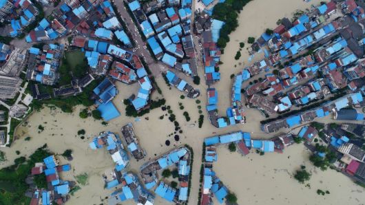 An aerial view of flooded Taihe township on July 12, 2018 in Chongqing, China. The flood in Chongqing has submerged more than 1600 homes and triggered the evacuation of 6600 people on Thursday. 