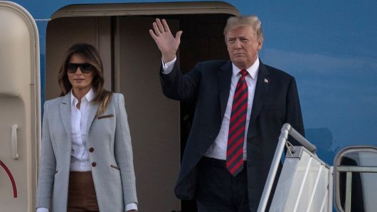President Donald Trump and first lady, Melania Trump arrive aboard Air Force One at Helsinki International Airport on July 15, 2018 in Helsinki, Finland. 