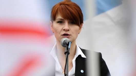 In this photo taken on Sunday, April 21, 2013, Maria Butina, leader of a pro-gun organization in Russia, speaks to a crowd during a rally in support of legalizing the possession of handguns in Moscow, Russia. 