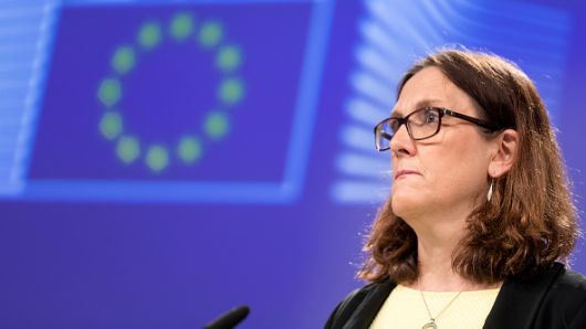 European Commissioner for Trade Cecilia Malmstroem addresses a press conference on the US restrictions on imported steel and aluminium at the Berlaymont, the European Commission headquarters, on June 1, 2018 in Brussels, Belgium. 