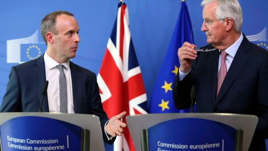 Brexit Minister Dominic Raab (L) and Brexit negotiator Michel Barnier (R) hold a joint press conference in Brussels, Belgium on July 18, 2018. 
