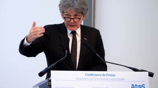Chief Executive Officer of the IT services company Atos Thierry Breton delivers a speech during the presentation of the Atos designed supercomputer Bull Sequana on April 12, 2016  in Paris. 