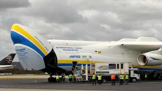 PERTH, AUSTRALIA - MAY 15:  The front end of the Antonov AN-225 Mriya is opened prior to unloading of cargo after arriving at Perth International airport on May 15, 2016 in Perth, Australia. The Ukrainian cargo plane is 84 metres long and has a wingspan of 88.4 metres and is in Perth to  (Photo by Paul Kane/Getty Images)