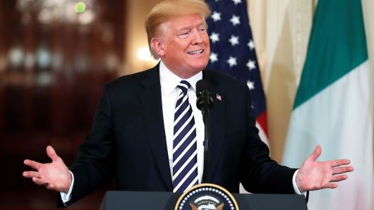 President Donald Trump speaks during a joint news conference with Italy's Prime Minister Giuseppe Conte in the East Room of the White House in Washington, July 30, 2018.