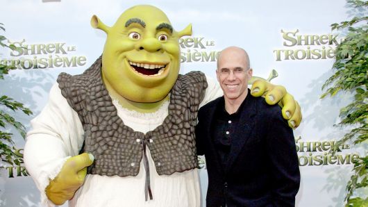 Film producer and CEO of DreamWorks Animation SKG Jeffrey Katzenberg poses with the character Shrek for photographers during a media event before the evening's premier of "Shrek the Third," June 7, 2007, in Paris.