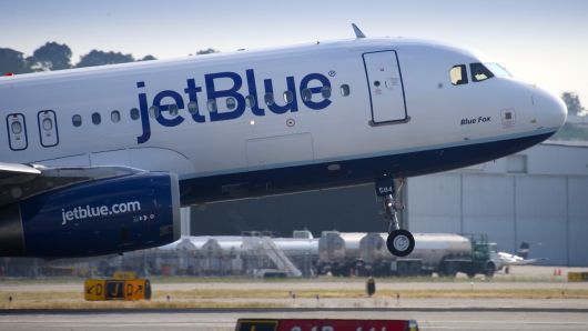 A Jet Blue aircraft takes off from Long Beach Airport in Long Beach, CA.