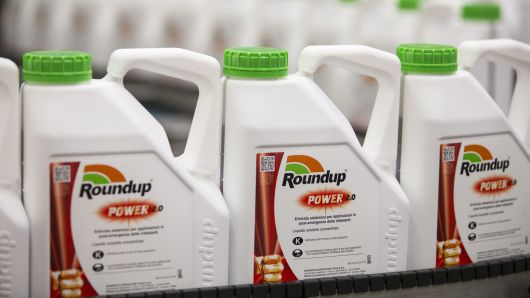 Bottles of Roundup weed killer move along the production line at the herbicide manufacturing facility operated by Monsanto.