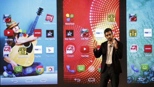 Sundar Pichai, senior vice president of Android, Chrome and Apps at Google Inc., gestures as he speaks during the company's Android One smartphone launch event in New Delhi, India, on Monday, Sept. 15, 2014.