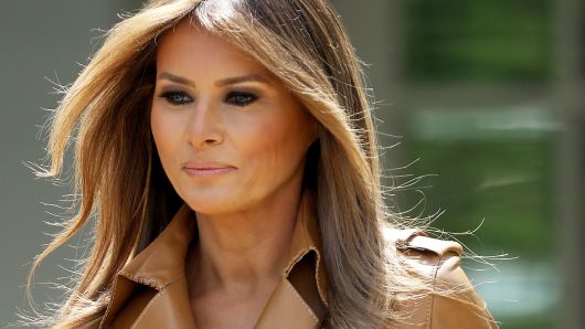 U.S. first lady Melania Trump arrives in the Rose Garden to speak at the White House May 7, 2018 in Washington, DC.