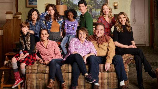 ABC's 'Roseanne' stars Ames McNamara, Sara Gilbert, Laurie Metcalf, Emma Kenney, Jayden Rey, Roseanne Barr, Michael Fishman, John Goodman, Lecy Goranson, and Sarah Chalke.