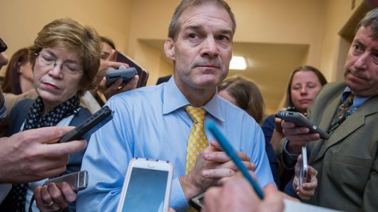 Rep. Jim Jordan, R-Ohio, talks with reporters after a meeting of the House Republican Conference in the Capitol on June 26, 2018. 