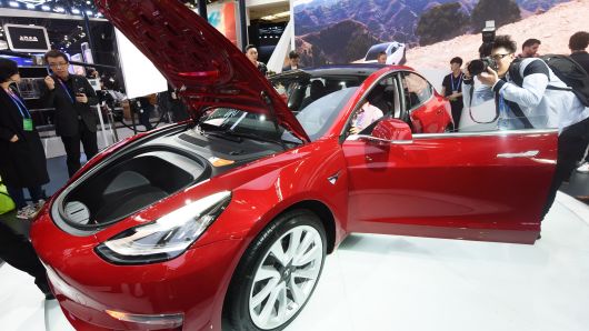 A Tesla Model 3 car is on display during the Auto China 2018 at China International Exhibition Center on April 25, 2018 in Beijing, China. 