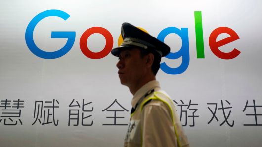 A Google sign is seen during the China Digital Entertainment Expo and Conference  in Shanghai, China August 3, 2018. 