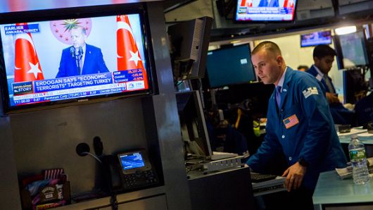 Traders work on the floor of the New York Stock Exchange (NYSE) on August 13, 2018 in New York City. The Turkish lira hit a record low on Monday, rattling global currency markets and falling 8 percent against the dollar. 