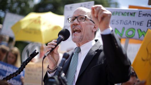 Democratic National Party Chairman Tom Perez speaks as about 300 people rally to protest against President Donald Trump's firing of Federal Bureau of Investigation Director James Comey outside the White House May 10, 2017 in Washington, DC. 